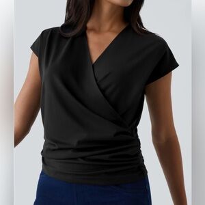 HALARA V Neck Cap Sleeve Crossover Ruched Solid Work Blouse Medium NWT